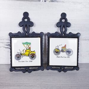 Vintage Automobile Cast Iron and Ceramic Hot Plate Trivets